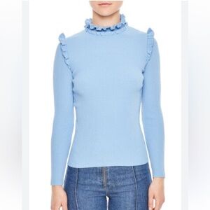 NWOT Sandro Paris Blue Ribbed Mock Neck Ruffle Long Sleeve Knit Top. Luxury. 2